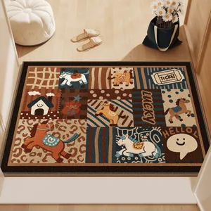 Detailed view of cartoon horse pattern patchwork entryway mat in a cozy home setting
