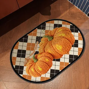 Detailed view of pumpkin pattern on rustic checkered non-slip bathroom mat