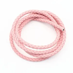 Premium pink braided PU leather cord with 3-strand twist design for DIY accessories