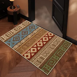 Felpudo Bohemio de Pelo en Bucle Étnico Geométrico a Rayas Antideslizante Estampado Alfombra de Puerta de Casa para Entrada Pasillo