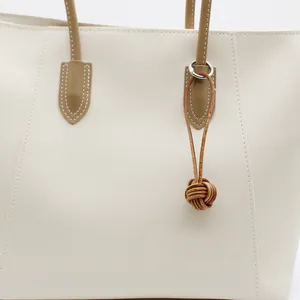 Handwoven Genuine Cowhide Leather Monkey Fist Knot Keychain Vintage Minimalist Bag Pendant Charm With Silver Metal Ring