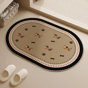 Detailed view of the woven texture and dachshund cartoon pattern on the oval mat