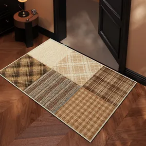 Felpudo de entrada estilo bohemio con cuadros en tonos marrones para decoración de hogar acogedor