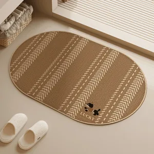 Detailed view of brown woven bath mat featuring a cute dachshund design and Lucky text