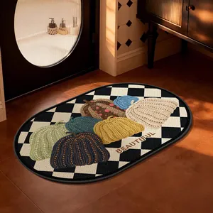Oval linen woven bathroom mat featuring colorful pumpkin embroidery and checkered border