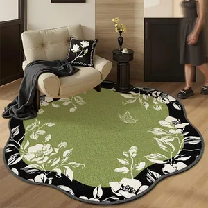 French vintage green floral Belgium velvet round rug in a stylish living room scene