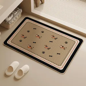 Detailed view of woven linen bath mat with dachshund pattern in a modern bathroom