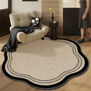 French retro irregular flower shaped rug with beige texture and black border