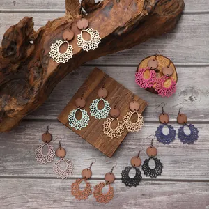 Bohemian Hollow Out Wooden Earrings Irregular Geometric Lace Drop Earrings For Women Ethnic Vintage Jewelry Everyday Vacation