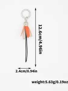Detail view of a handmade PU leather tassel keychain charm with dimensions and weight.