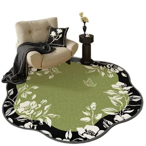 Elegant French vintage Belgian velvet round rug with green floral and butterfly design