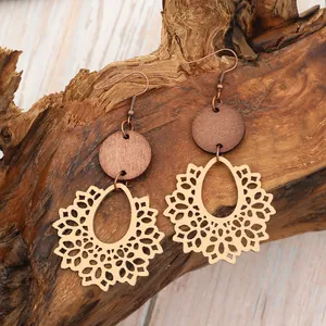 Detailed view of bohemian hollow wooden earrings with intricate floral lace patterns.