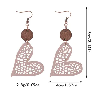 Bohemian heart-shaped leather hollow earrings with wooden studs and size markings