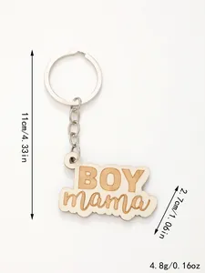 Detailed view of the Boy Mama wooden keychain with precise size and weight measurements