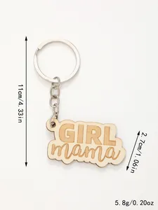 Detailed view of the laser-engraved wooden Girl Mama keychain with exact dimensions