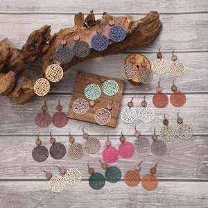 Boucles d'oreilles Pendantes Vintage Bohème en Cuir et Bois Rondes Ajourées pour Femmes Bijoux Géométriques Faits Main