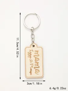 Detailed view of customized wooden keychain for Mom with size and weight specifications.