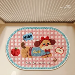 Tappetino da bagno assorbente in lino con cane cartoon e motivo a scacchi rosa.