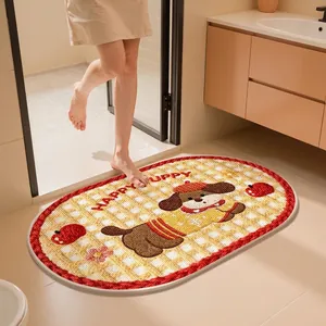 Tappetino da bagno in lino assorbente con grazioso cucciolo in un ambiente domestico