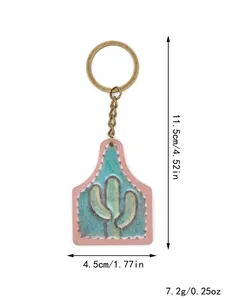 Detailed dimension view of Western farm-style cactus wooden tag keychain accessory