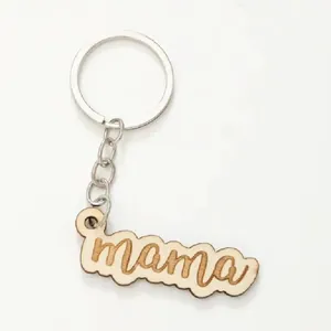 Minimalist wooden mama keychain gift with laser-engraved cursive lettering design