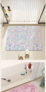 Detail view of pearlescent mosaic diatom mud bathroom floor mat in a modern setting