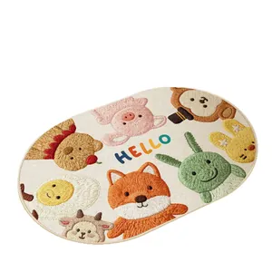 Tappetino da bagno ovale in lino con simpatici animali ricamati e scritta Hello