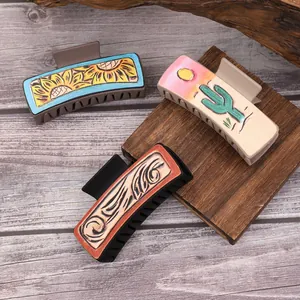 Westernstijl Haarklem Voor Dames Zonnebloem Cactus Patroon Retro Kunstleer Haai Clip Accessoires Voor Haardecoratie