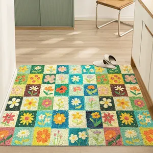 Vibrant colorful checkered floral entryway floor mat in a modern home hallway setting.