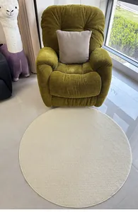 Vue détaillée d'un tapis rond tressé de style sisal blanc cassé dans un salon moderne