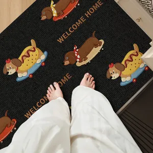 Paillasson bouclé Teckel avec texte 'Welcome Home' et motifs de chiens cartoon
