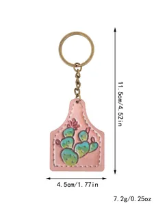 Detailed view of western style cactus ear tag keychain with dimensions and weight specs