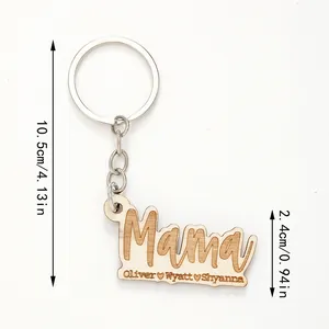 Dettaglio del portachiavi in legno personalizzato con nomi inciso al laser per mamma.