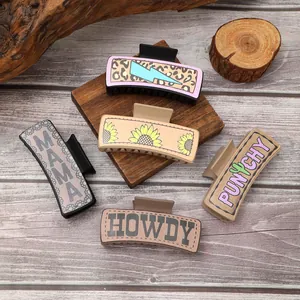 Western Vintage Faux Leather Hair Claw Clip For Women Leopard Sunflower Mama Howdy Cactus Large Shark Clip Hair Accessory