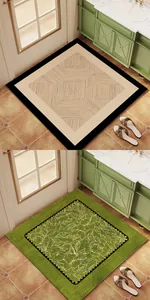 Detailansicht von zwei verschiedenen Designs quadratischer, saugfähiger Diatomit-Badematten.