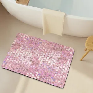 Absorbent pink mosaic pattern diatom mud bath mat with non-slip backing for bathrooms