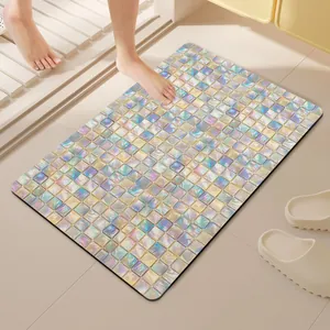 Iridescent mosaic pattern bath mat with absorbent diatomaceous earth and non-slip backing