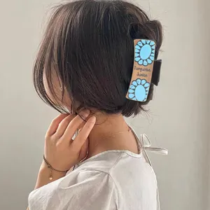 Pince à cheveux en cuir style western avec motif tournesol turquoise et texte