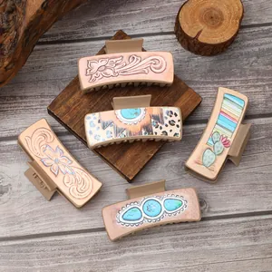 Vintage Westerse Cowboy Stijl Leren Haarklem Grote Vierkante Reliëf Bloem Cactus Patroon Haarklem Haaraccessoires Voor Vrouwen