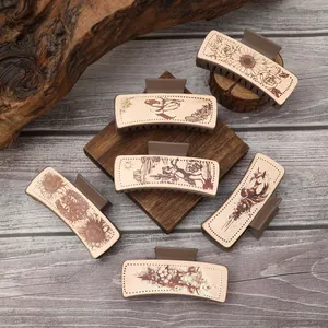 Pince à Cheveux en Cuir Motif Cowboy Style Western Vintage Cactus Tournesol Imprimé Cheval Grande Pince Requin Accessoires de Cheveux pour Femmes