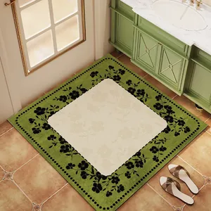 Quadratische saugfähige Badematte mit grünem Blumenrand und rutschfestem Design