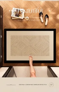 Retro-Badezimmermatte mit geometrischem Muster, schwarzem Rand und weicher Textur.