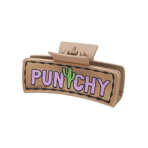 Western style khaki hair claw clip featuring a leather PUNCHY cactus patch design