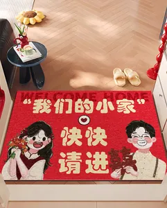 Festliche rote Hochzeits-Türmatte mit süßem Comic-Paar und chinesischem Willkommensgruß