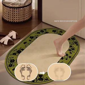 Absorbent non-slip diatom mud bathroom mat with floral pattern in olive green and tan colors