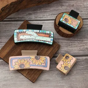 Western Stijl Zonnebloem Cactus Kunstleer Haarklemmen Set Voor Dames Vintage Luipaardprint Geometrische Haarspelden Accessoires