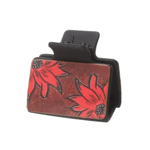Pince à cheveux de style western en cuir avec motif de tournesol rouge pour femmes