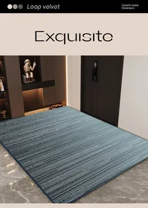 Modern blue striped loop velvet entrance mat shown in a luxury home hallway setting.