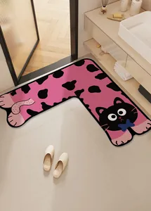 L-shaped cartoon cat bath mat placed at the bathroom corner for non-slip protection