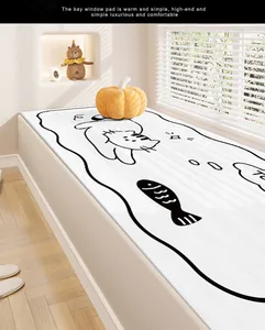 Soft cream-colored Belgian velvet bay window mat with cute cat and fish line art
